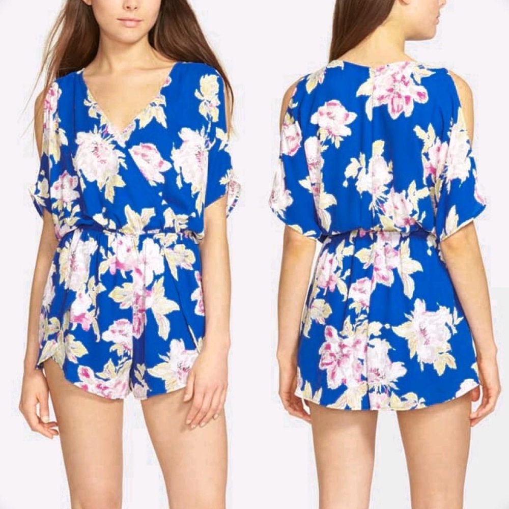 ASTR The Label Cold Shoulder Surplice Blue Floral Print Romper